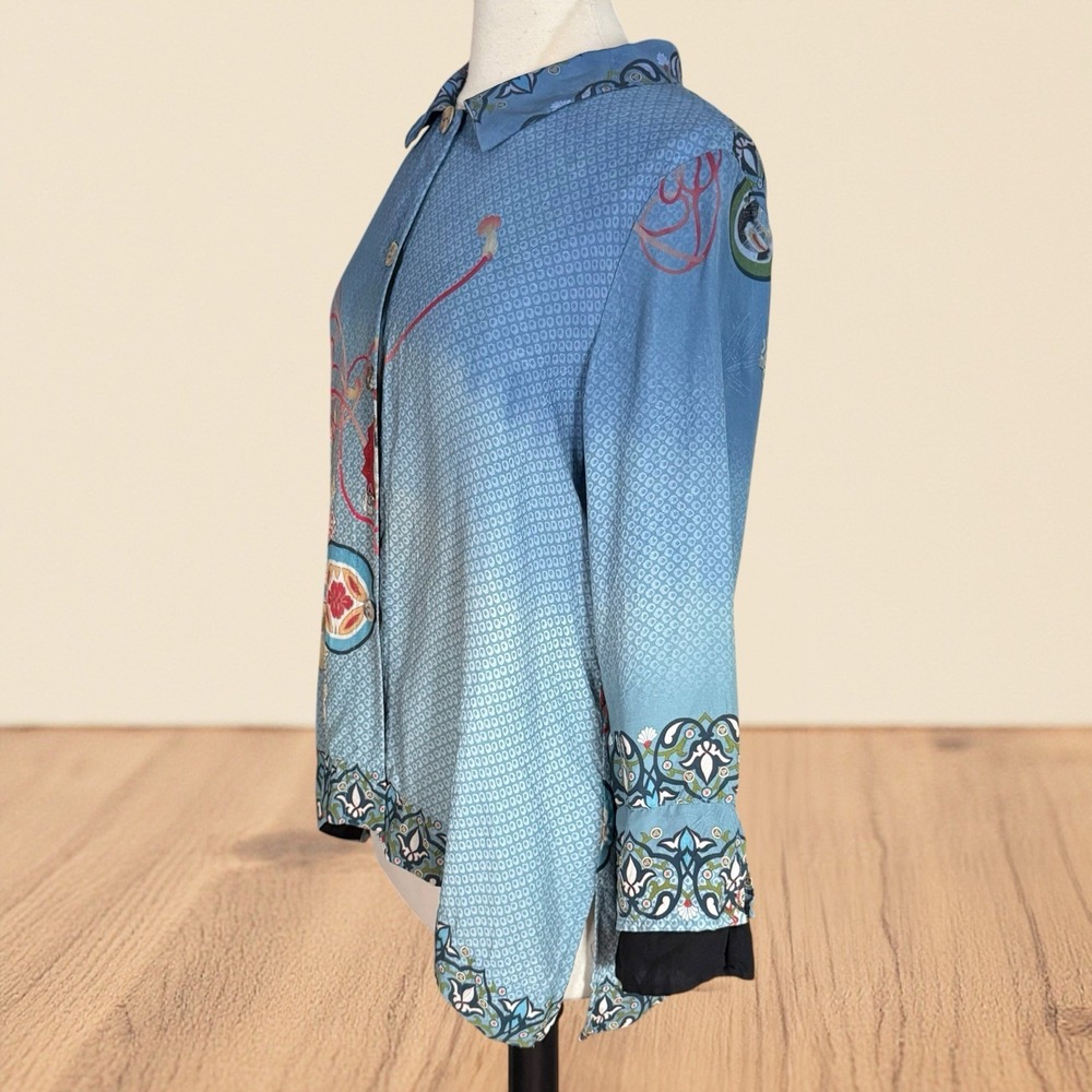 Citron Santa Monica 100% Silk Crane Print Blouse Top Sz L Denim Blue and Black - Picture 6 of 14